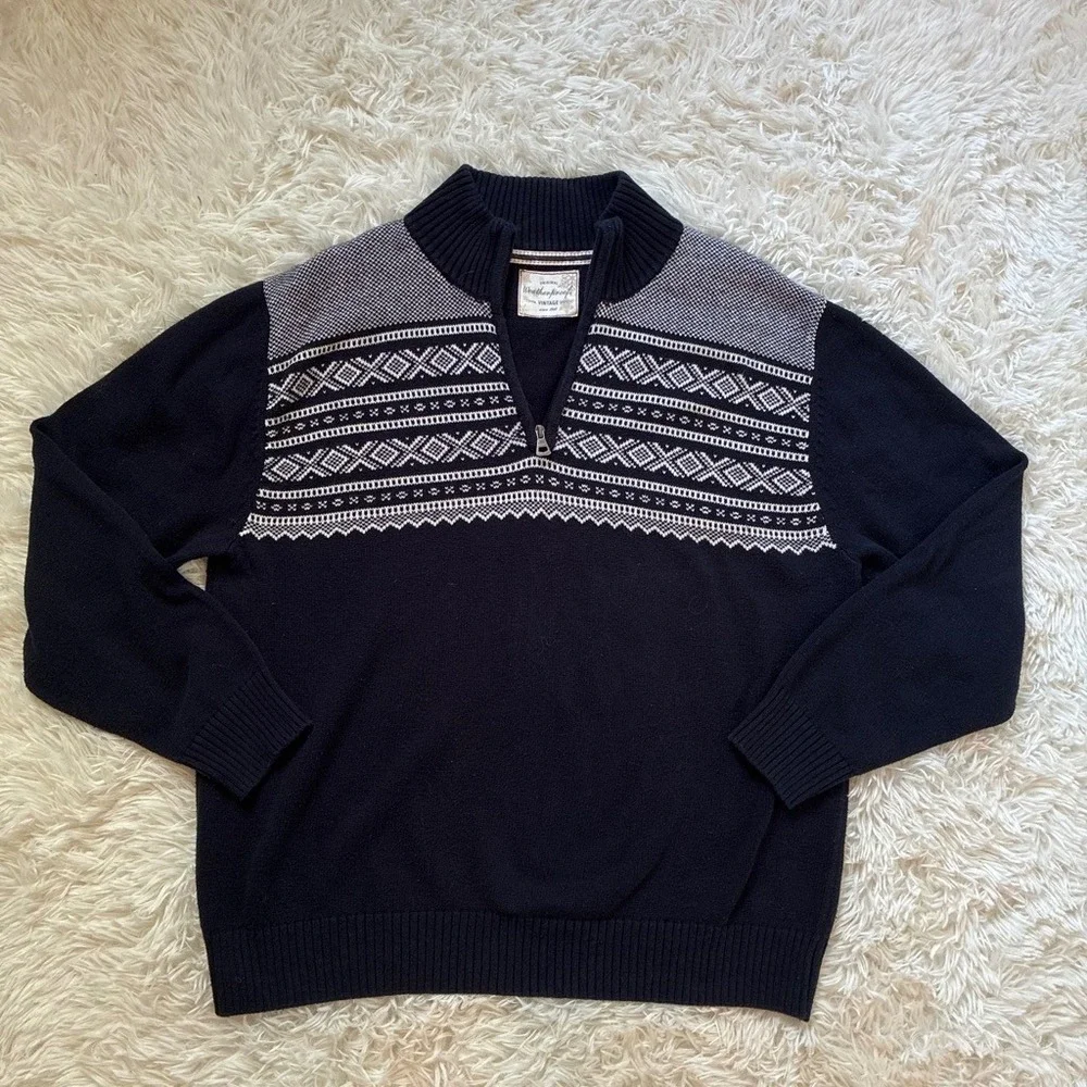 Weatherproof Vintage Mens Navy Blue Fair Isle Cotton Quarter Zip Sweater XL